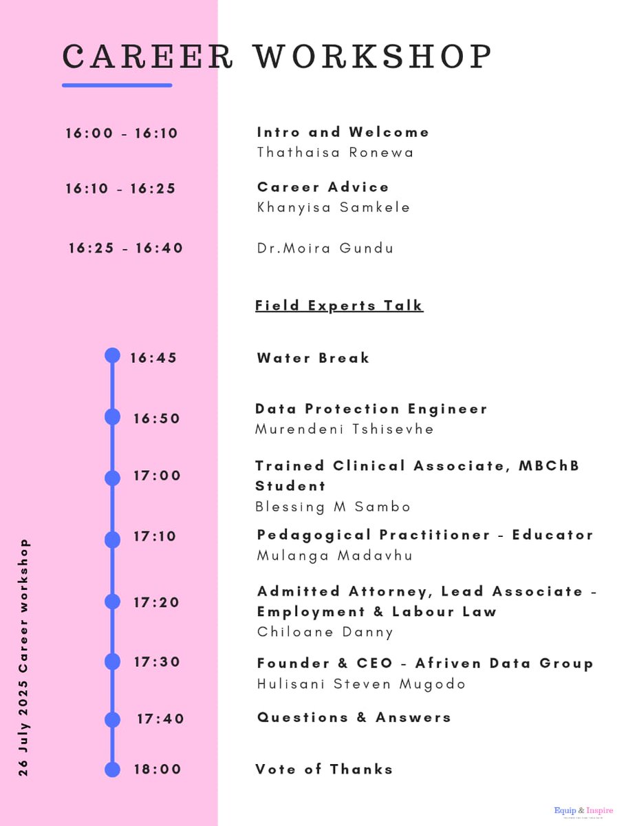 Afriven_Data's tweet photo. 🚨 Exciting News! 🚨
Our very own Founder &amp; CEO, Hulisani Steven Mugodo, will be speaking at the Career Expo hosted by Equip &amp; Inspire on 26th of July 2025! 

Hulisani will be sharing his journey from teaching Mathematics , Sciences &amp; technology to founding Afriven Data Group. https://t.co/5Ldkwf4Zf7