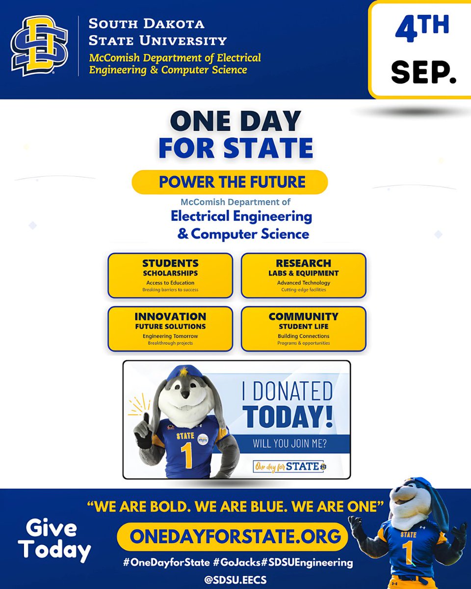 SDSU_EECS's tweet image. Save the date!  September 5th is One Day for STATE and McComish EECS is ready to make some noise!
24 hours to support the future engineers and computer scientists who are literally building tomorrow&apos;s tech. Plus Yellow &amp;amp; Blue Block Party Sept 4th! 🎉
#OneDayForSTATE #Jackrabbit