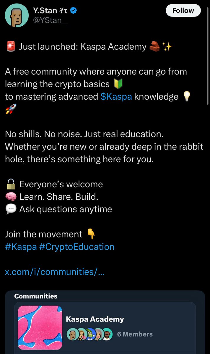 hereisfrescoid's tweet image. First $KAS copied $QUBIC uPoW and renamed it &quot;pouw&quot;.
Now they’re copying $QUBIC Academy with “Kaspa Academy” 
$QUBIC leads, $KAS copies. Stay original.