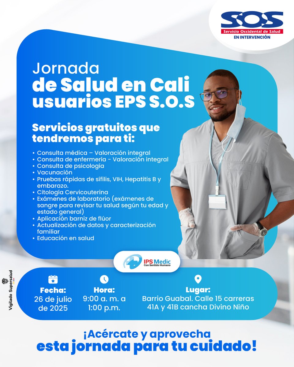 🩺 ¡Nos vemos en Guabal!
Este 26 de julio te esperamos con servicios gratuitos de salud para ti y tu familia.

📍 Cancha Divino Niño
🕘 9:00 a. m. a 1:00 p. m.

Cuidarte nos inspira 💙