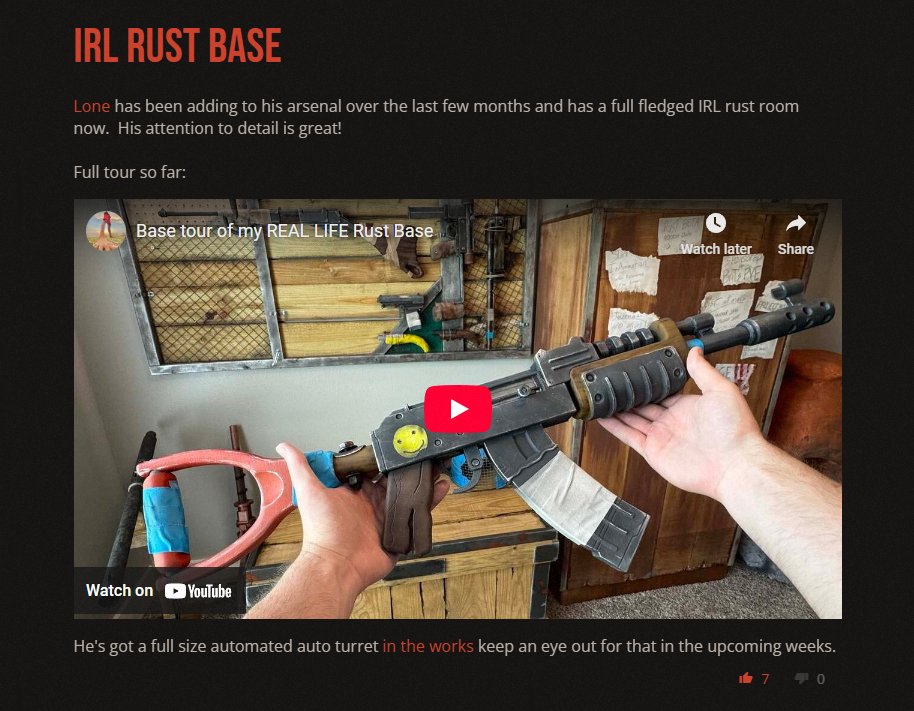 sometimes_lone's tweet image. Thank you so much for the shoutout @playrust &lt;3
Big things coming with this full size auto turret for sure!
