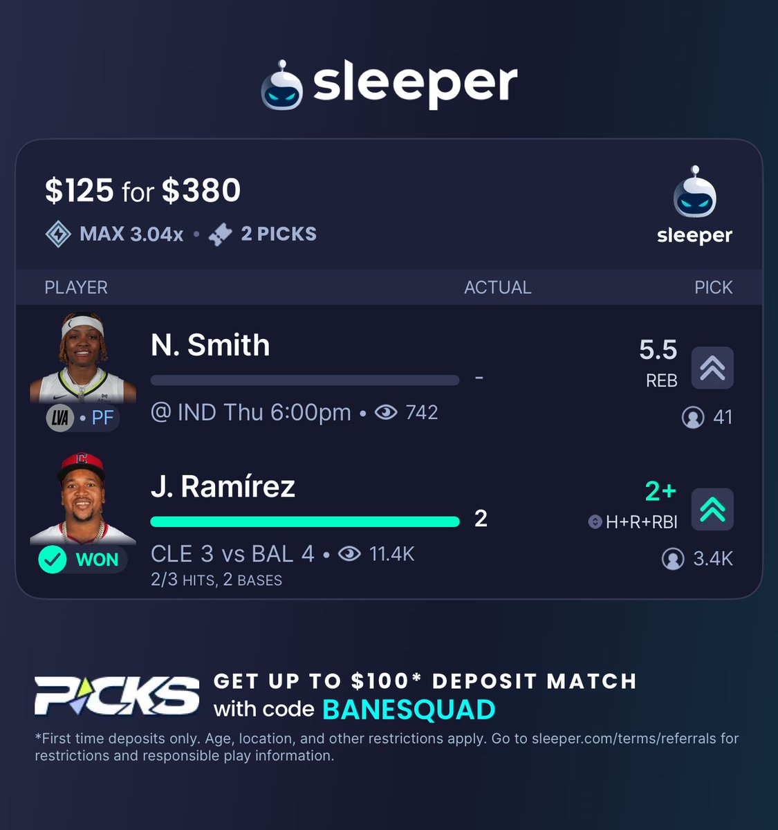 BaneSquad_'s tweet image. Where the $5 bettors at?
If this slip cash, I’m giving away $80 ( $20 to 4 followers )
Too enter, it’s simple. Screenshot & show proof that you’re Sleeper Picks & reply to this tweet with your cashapp.
Smith 2/2 this season
Her last match up off the bench, she had 7 Rebs