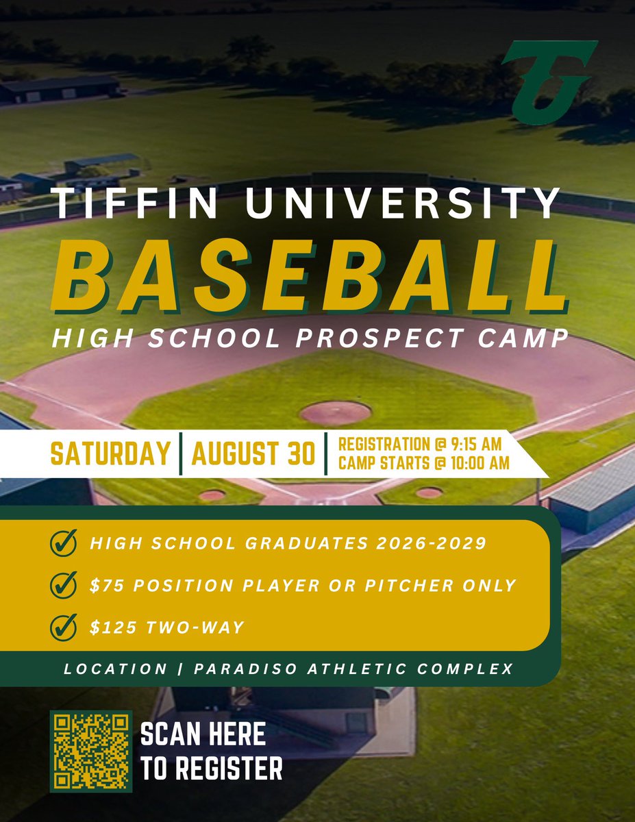 ‼️ HIGH SCHOOL PROSPECT CAMP ‼️

Any 2026-2029 high school graduate is welcome to attend our prospect camp on August 30th!

Pro-Style Workout ✅ 
Defensive &amp; Offensive Instruction ✅ 
Live Scrimmage ✅ 

Scan the code or click the link ⬇️

#GoGons

tiffinbaseballcamps.totalcamps.com/shop/EVENT