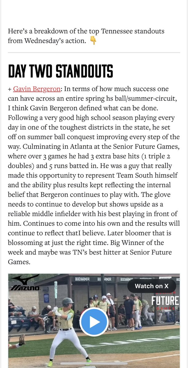 2026 PB Senior Futures Games
Highlights: 
🚨 4-7, 2B x 2 , 3B, 1B, 1BB 
🚨 AVG .571, SLG 1.143, OBP .625, RBI 5
🚨 60 - 6.87, Infield Velo 88, EV Max/Avg   98.7/94
🚨 Velo (88-92) and off speeds barrels 
🚨 several 2 strike count battles
🚨 Barrels every at bat (7). 3 hard outs -