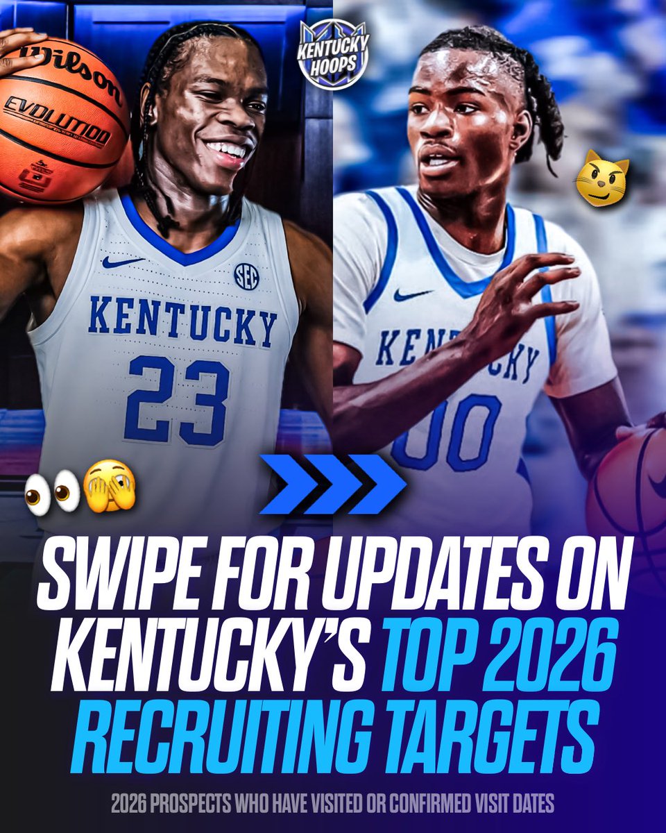 kentuckyhoopsig's tweet image. Mark Pope and the Kentucky coaching staff have been BUSY on the recruiting trail and planning visits for Class of 2026 prospects 😼👀
Tyran Stokes: visited 6/8
Taylen Kinney: visited 6/23 (Top 12)
Deron Rippey Jr.: visiting 8/1 (Top 12)
Caleb Holt: visiting 9/12
Cameron…