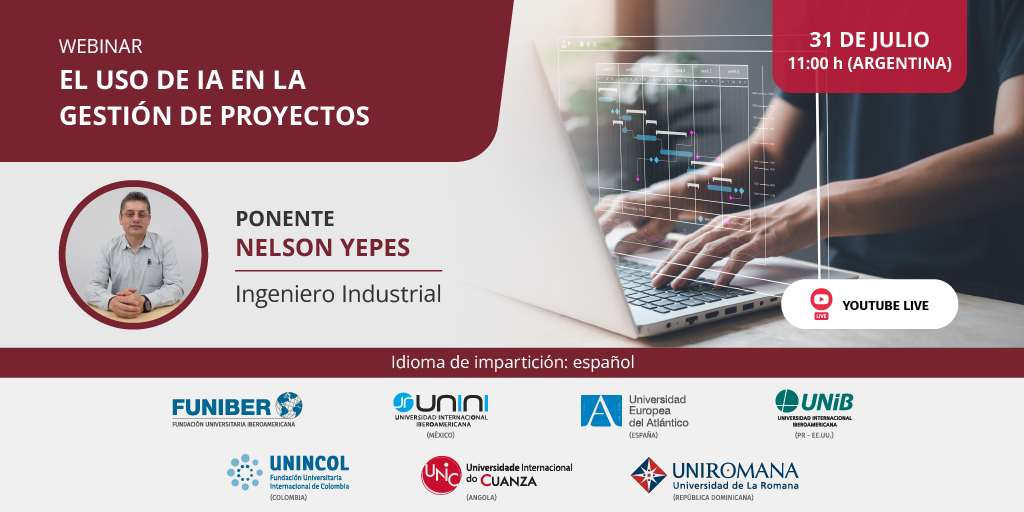 Universidad Internacional Iberoamericana - UNIB (@unibpr) on Twitter photo UNIB te invita al webinar de «El uso de IA en la Gestión de Proyectos»
🗓️ 31 de julio
🕓 11:00 horas (Argentina) 
🔴 Transmisión en vivo en el canal de YouTube de FUNIBER.
👉 Más detalles: fnbr.es/cqz UNIB te invita al webinar de «El uso de IA en la Gestión de Proyectos»
🗓️ 31 de julio
🕓 11:00 horas (Argentina) 
🔴 Transmisión en vivo en el canal de YouTube de FUNIBER.
👉 Más detalles: fnbr.es/cqz