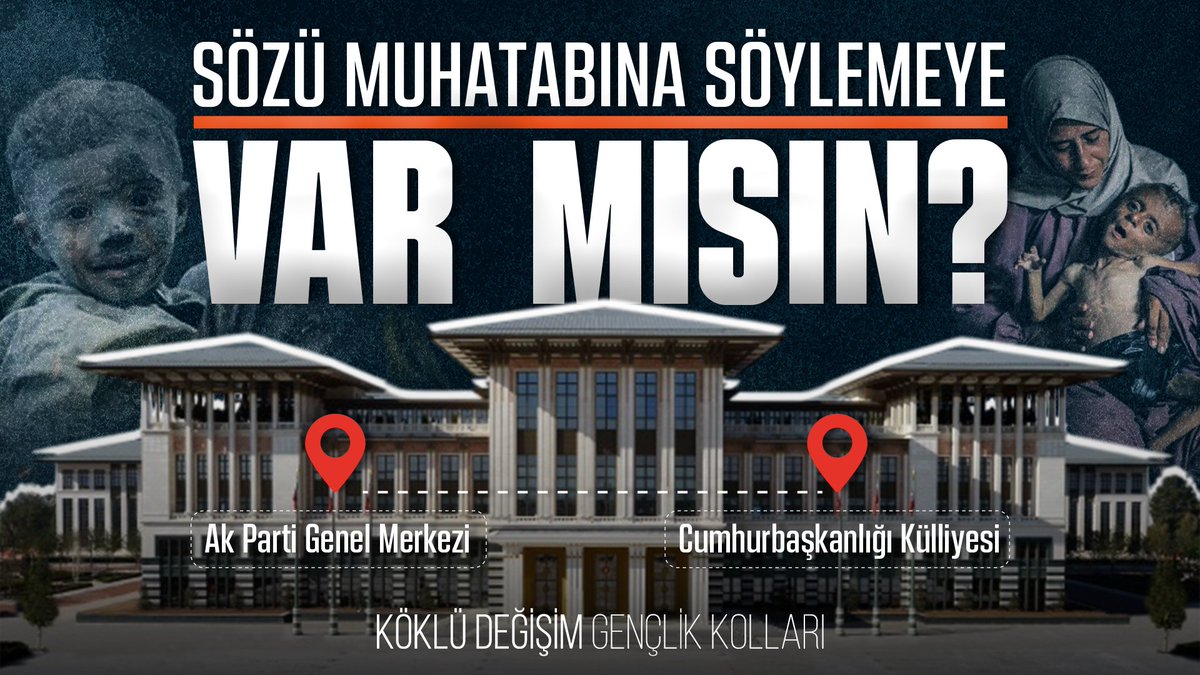 kdgenclik's tweet image. Yöneticilere haksözü söylemek için yürüyoruz!

Sahipsizliğin  acısını yaşayan Gazzenin feryadını muhataplarına ulaştırmak için yürüyoruz!

Adımlarımız Gazze için, sözümüz muhataplara!

📍27 Temmuz Pazar | 19.00
AK Parti Genel Merkezi’nden Cumhurbaşkanlığı Külliyesi’ne yürüyoruz!…