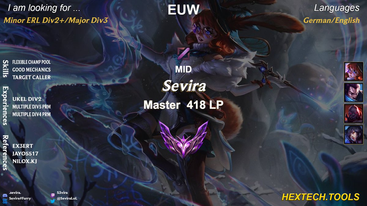 SeviraXD's tweet photo. Hi,  

Looking for both positions as Mid and Top.  
Playing competitive since 6 Years in different Divisions and Leagues.  

❤️ &amp; 🔁 appreciated https://t.co/Xs0rHScm4k