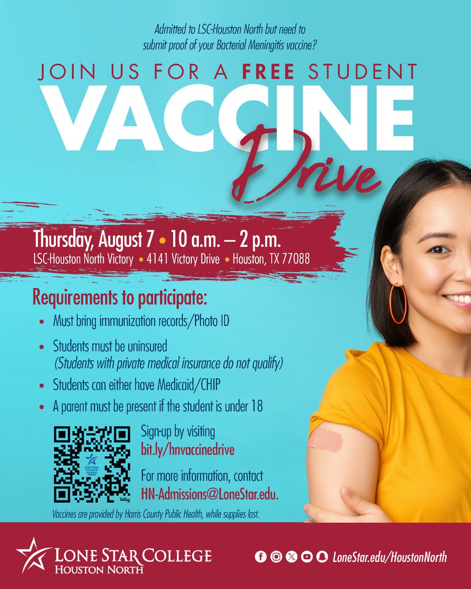 LSCHoustonNorth's tweet image. Join us for a free student Vaccine Drive!💉 
Thursday, Aug 7 • 10 a.m.–2 p.m.
LSC-HN Victory

Requirements:
- Must bring immunization records/Photo ID
- Students must be uninsured 
- Students can either have Medicaid/CHIP
- Parent must be present if the student is under 18