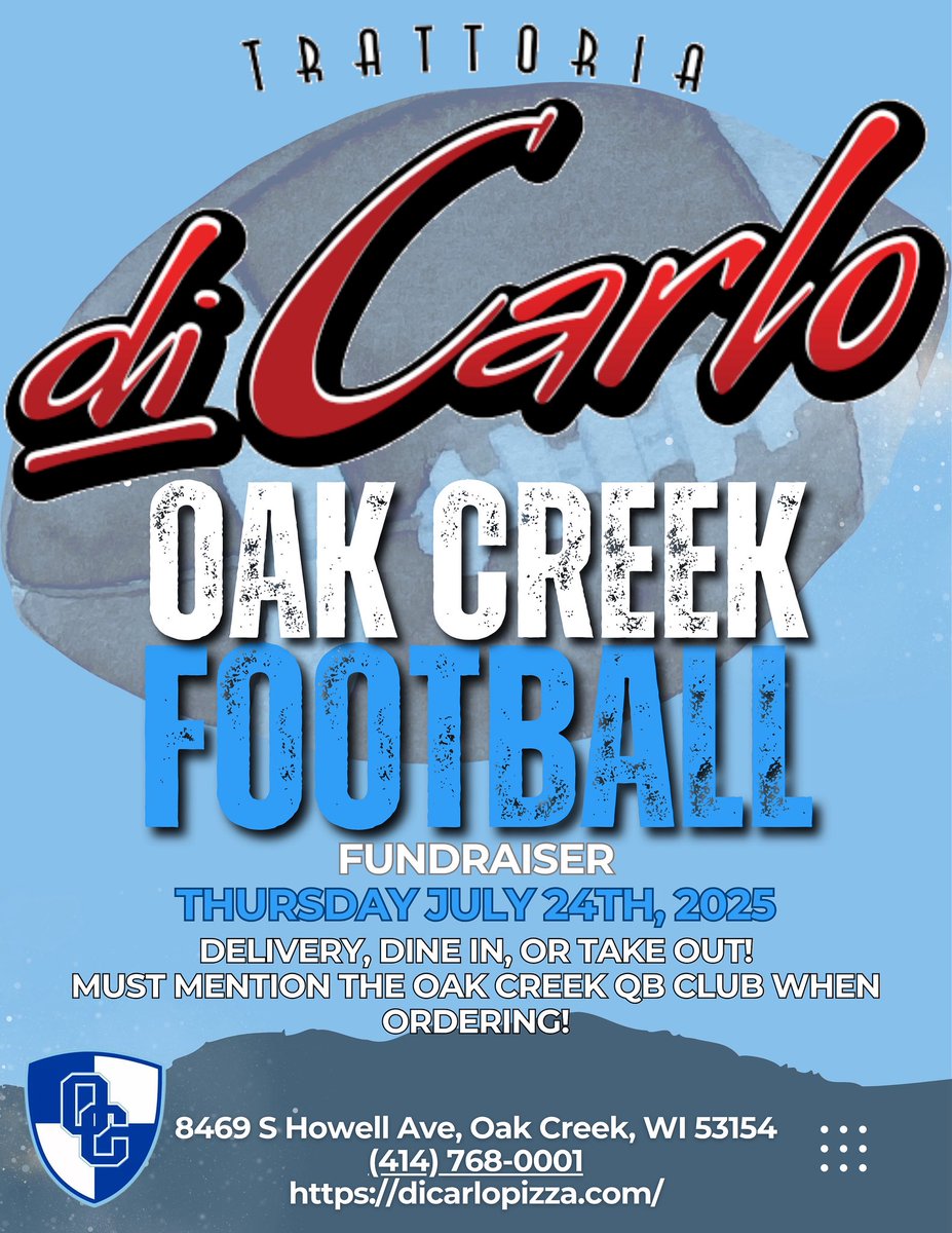 Oak Creek Quarterback Club (@ocqbclub) on Twitter photo STOP! DONT MAKE DINNER PLANS! Trattoria di Carlo day is here!
Make sure to mention Oak Creek Football when ordering!@Athletics_OCHS <a href="/brian_calhoun2/">Brian Calhoun</a> STOP! DONT MAKE DINNER PLANS! Trattoria di Carlo day is here!
Make sure to mention Oak Creek Football when ordering!@Athletics_OCHS <a href="/brian_calhoun2/">Brian Calhoun</a>