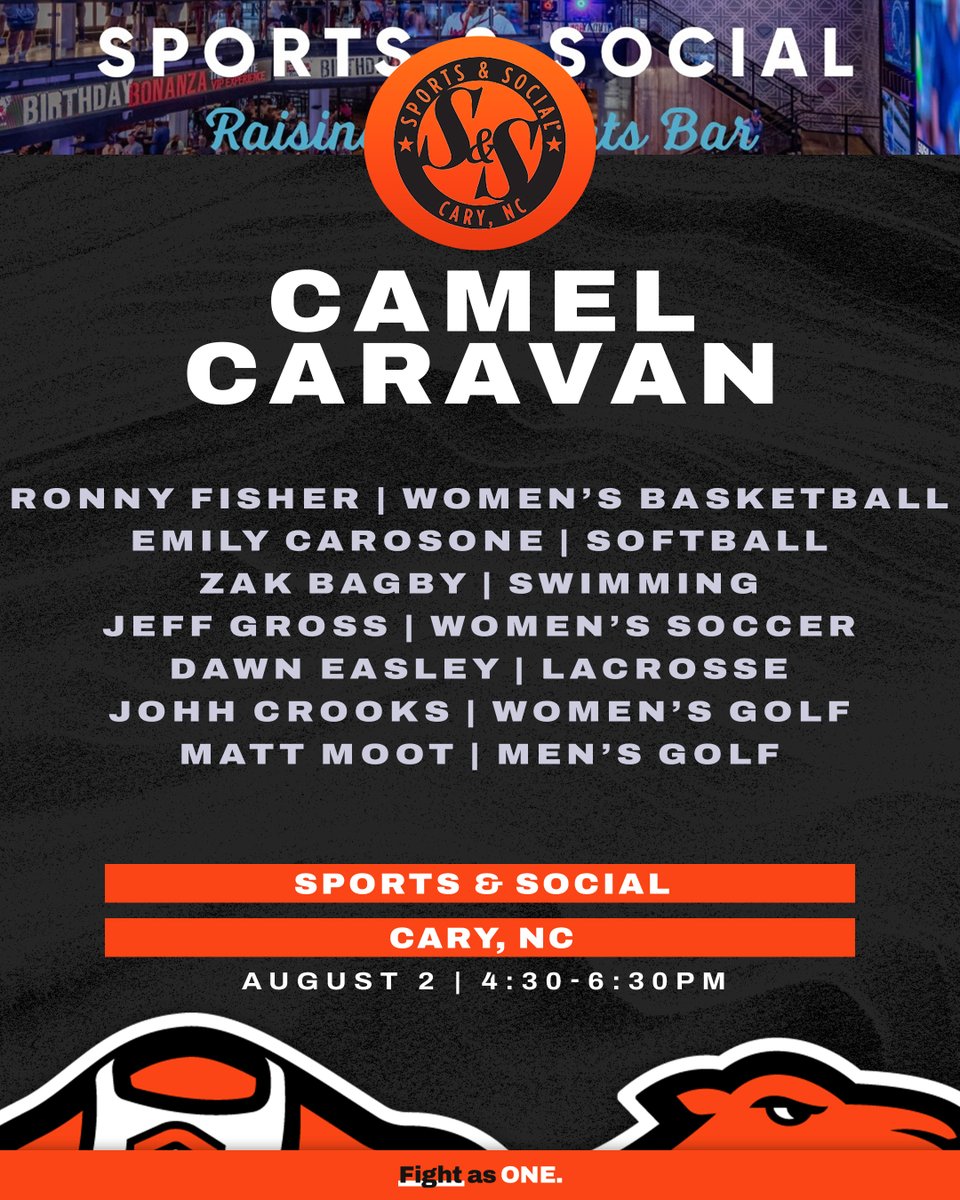 GoCamels's tweet image. 𝗡𝗘𝗫𝗧 𝗦𝗧𝗢𝗣: 𝗖𝗔𝗥𝗬 

The Camel Caravan will be dropping in at the Sports &amp;amp; Social before heading over to @TheNCCourage match!

Join seven of our coaches and catch up with other Campbell supporters 

gocamels.com/news/2025/7/17…