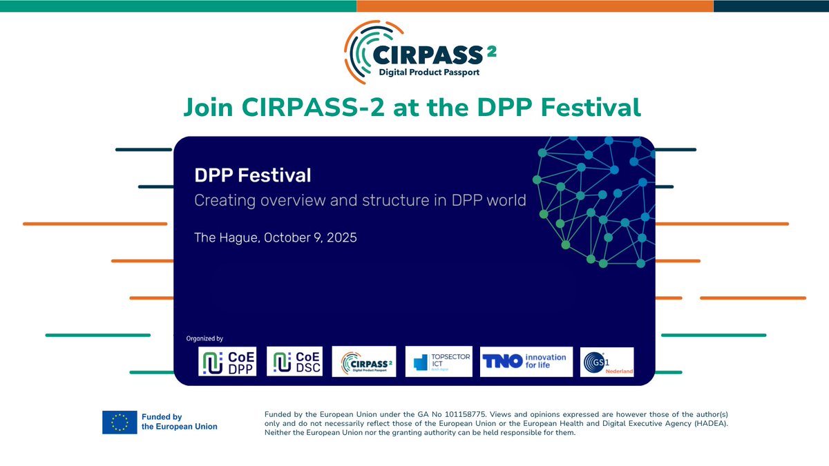 🤝 Join CIRPASS-2  at the DPP Festival, 9 Oct 2025 in The Hague! As a co-organiser, the EU-funded project invites you to this flagship event dedicated to creating overview and structure in the DPP world. ♻️ #dpp

🔎 Meet us at our booth &amp; workshops!

👉 cirpass2.eu/event/dpp-fest…