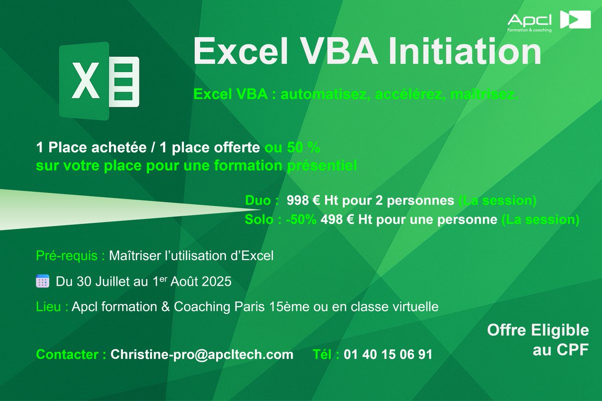 ApclFormations's tweet image. Libère la puissance d’Excel avec VBA
 Automatise tes tâches, gagne du temps, maîtrise le code
#ExcelVBA #FormationVBA #AutomatisationExcel #Productivité #FormationCPF #ApclFormation #InitiationVBA #MontéeEnCompétences #MacrosExcel #EligibleCPF