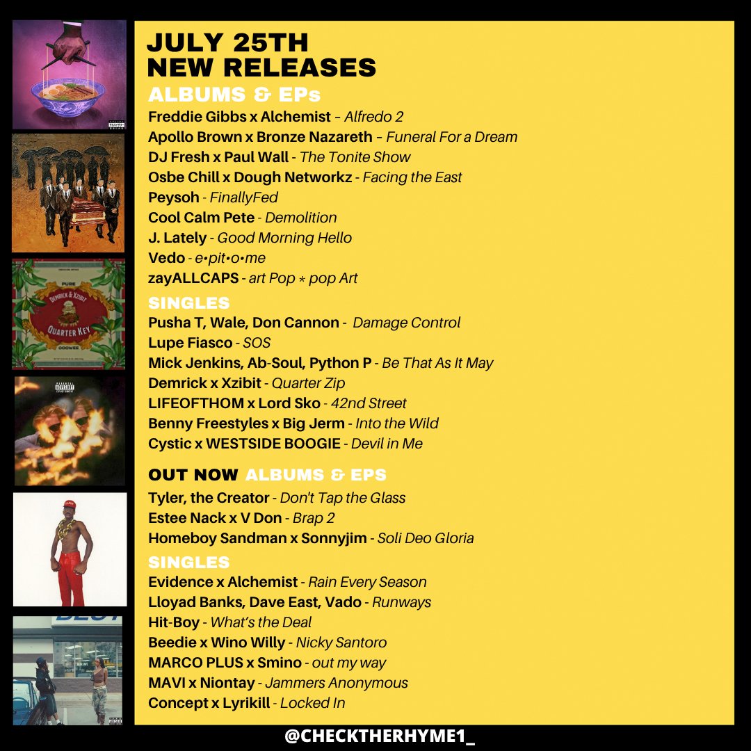 🚨 This week's new drops

Freddie x Alchemist
Tyler
Pusha T x Wale
Lupe Fiasco
Evidence x Al
Apollo Brown x Bronze Nazareth
Nack x V Don
Mick Jenkins, Ab-Soul, Python P
DJ Fresh x Paul Wall
Osbe Chill x Dough Networkz
Cool Calm Pete
Beedie x Wino Willy
MARCO PLUS x Smino
+more