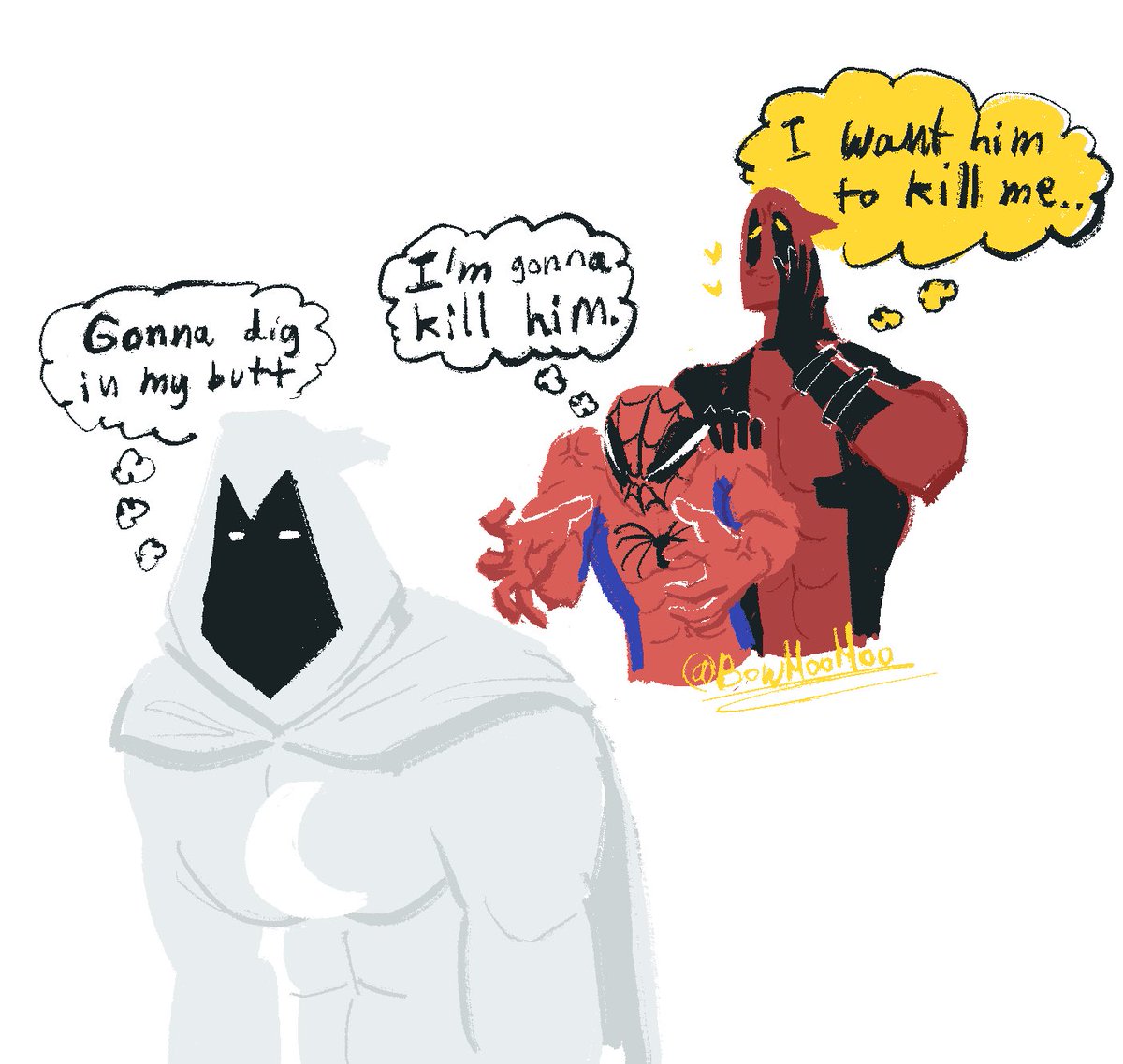 BowHooHoo's tweet image. Some ship dynamic stuff inspired by me my boyfriend and my boyfriend (we are them)

#spideypool #spideymoon #moonpool #spideymoonpool #rkgk #สไปดี้พูล