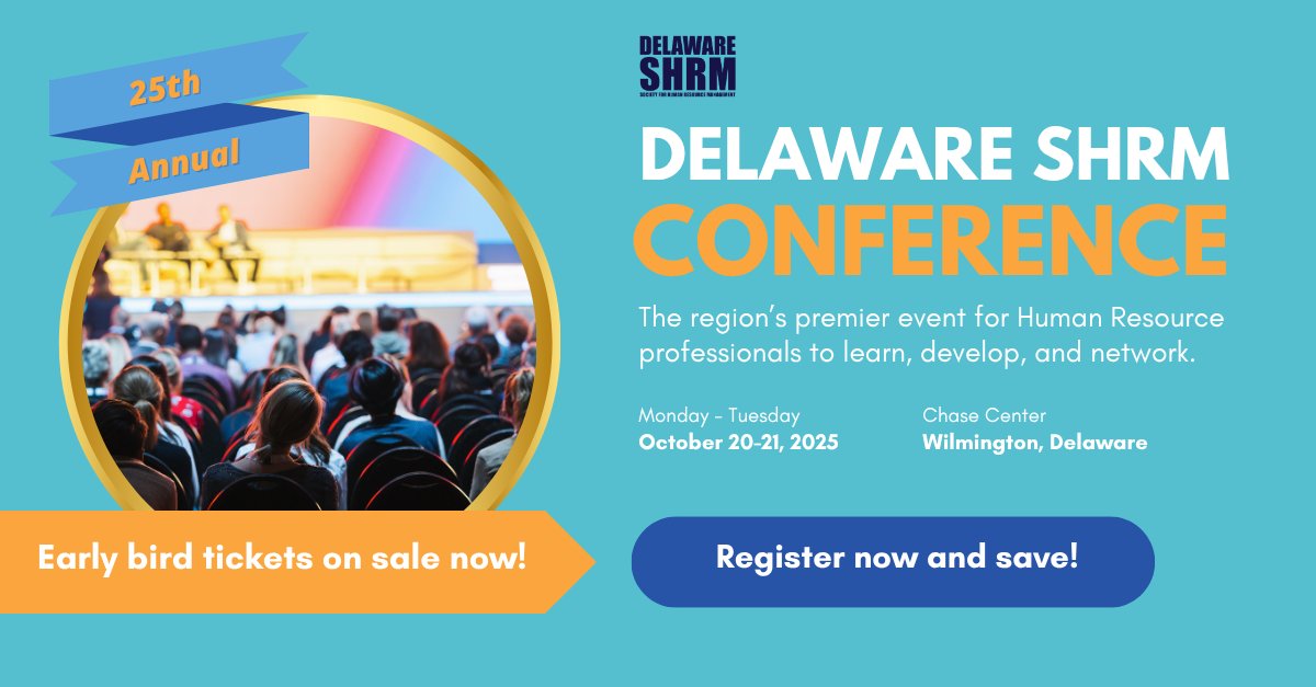 Just one week remains to lock in your Early-bird savings for #DESHRM25 on October 20–21. As HR professionals, we know investing in timely, relevant learning pays dividends—and now's your chance to save! Register here: loom.ly/DLULIls

#DelawareHR #DESHRM25
