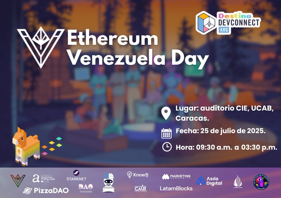 Ethereum Venezuela 🇻🇪 (@ethvenezuela) on Twitter photo Ya mañana, es el gran día, es el✨ #EthereumVenezueladay✨
Te estaremos esperando el día de mañana.
Invitan: <a href="/academiabtcucab/">Academia BT&C UCAB</a>, <a href="/Pizza_DAO/">PizzaDAO.eth 🍕🏴☠️</a>, <a href="/LatamBlocks/">LatamBlocks</a>, <a href="/StarknetEs/">Starknet en Español 🐺</a>, <a href="/DosisWeb3/">Dosis WEB3</a>, <a href="/VidaVerde_Vzla/">Vida Verde</a>, <a href="/2_cmr/">CMR Capital</a>, <a href="/marketersweb3/">MKT Community🚀</a>, <a href="/herdaovzla/">H.E.R. DAO Venezuela 🇻🇪</a>, <a href="/asilodigital/">Asilo Digital</a>, <a href="/Liderateinfluye/">Lidérate 🟣</a> y <a href="/100DiasDeR/">100DiasDeResearch</a> Ya mañana, es el gran día, es el✨ #EthereumVenezueladay✨
Te estaremos esperando el día de mañana.
Invitan: <a href="/academiabtcucab/">Academia BT&C UCAB</a>, <a href="/Pizza_DAO/">PizzaDAO.eth 🍕🏴☠️</a>, <a href="/LatamBlocks/">LatamBlocks</a>, <a href="/StarknetEs/">Starknet en Español 🐺</a>, <a href="/DosisWeb3/">Dosis WEB3</a>, <a href="/VidaVerde_Vzla/">Vida Verde</a>, <a href="/2_cmr/">CMR Capital</a>, <a href="/marketersweb3/">MKT Community🚀</a>, <a href="/herdaovzla/">H.E.R. DAO Venezuela 🇻🇪</a>, <a href="/asilodigital/">Asilo Digital</a>, <a href="/Liderateinfluye/">Lidérate 🟣</a> y <a href="/100DiasDeR/">100DiasDeResearch</a>
