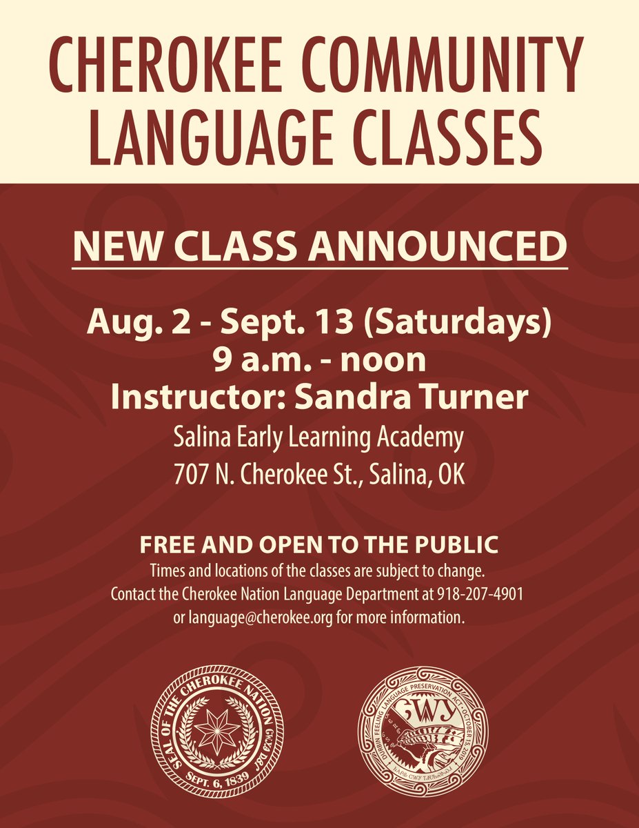 CherokeeNation's tweet image. Interested in learning Cherokee? ✨
Join us for FREE Cherokee language classes in Salina!
📅 Saturdays, Aug. 2 – Sept. 13 | 🕘 9 a.m. to noon
📍 Salina Early Learning Academy
For more information contact 918-207-4901 or language@cherokee.org.