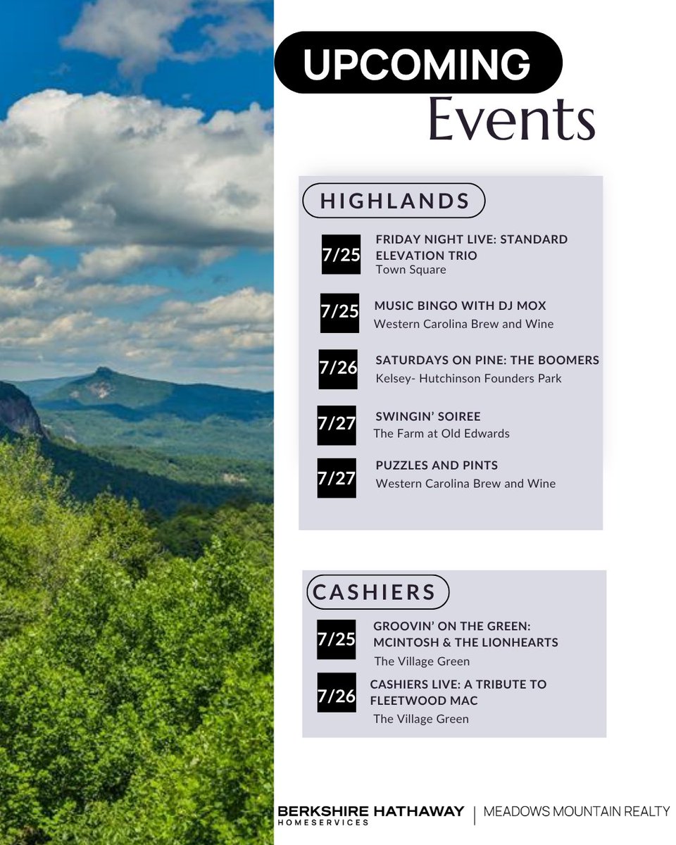meadowsmtn's tweet image. Weekend plans? 🎉 There’s so much happening on the Plateau! From live music to farmers markets, you won’t want to miss it.
✨ Tap the link in bio to view our full calendar and plan your perfect weekend! ⛰️🗓️ 
#BHHSMMR #HighlandsNC #Cashiers #LocalEvents #CommunityVibes