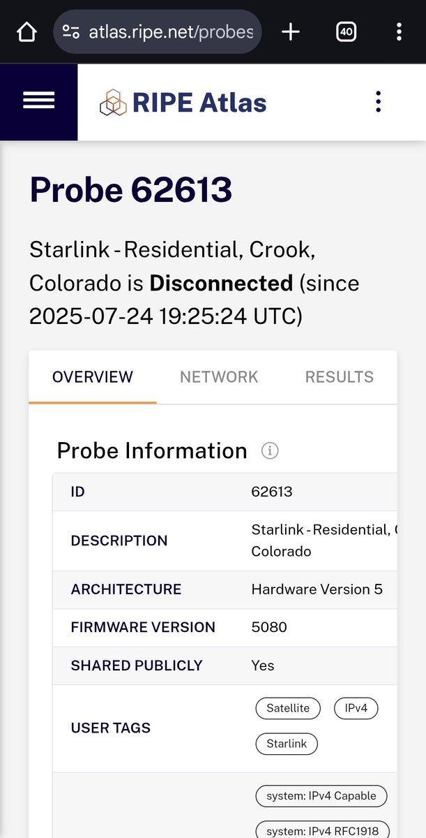 BREAKING: Global <a href="/Starlink/">Starlink</a> outage reported. Out of 99 <a href="/ripencc/">RIPE NCC</a>
Atlas Probes globally 92 are reported offline while 7 units across Western Europe and the Eastern US appear online.
All probes sent last heartbeat between 19:23 and 19:25 UTC.
Source: atlas.ripe.net/statistics/cov… &gt; AS14593