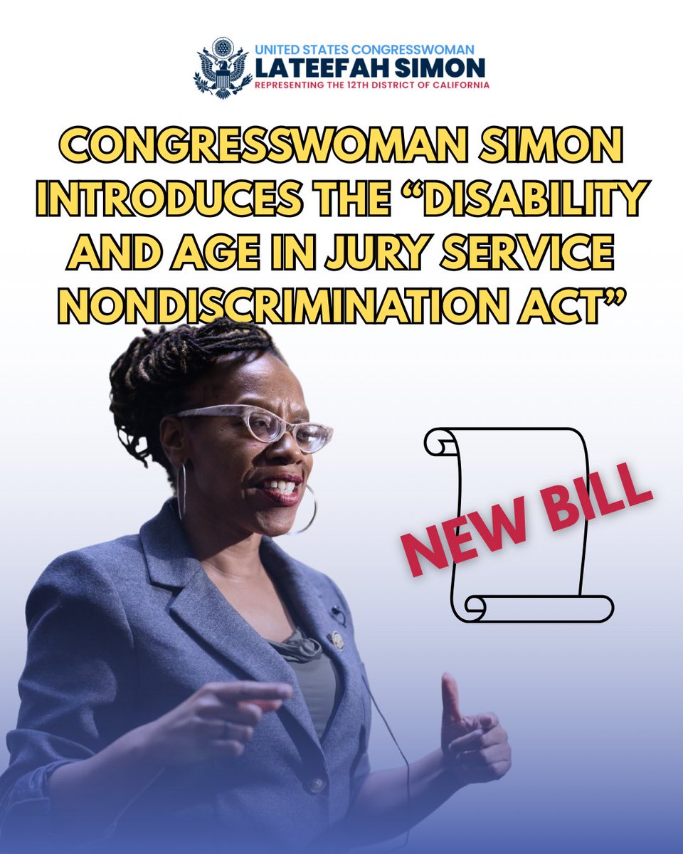 RepLSimon's tweet image. NEW: Today, @SenMarkey and I introduced the"Disability and Age in Jury Service Nondiscrimination Act."
This bill would ensure that disabled jurors have reasonable accommodations and would not be disqualified on account of disability.
As the first congenitally blind Member of…