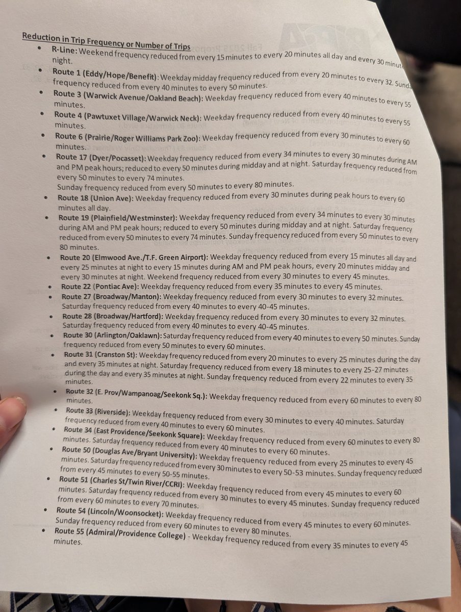 SaveRIPTA's tweet image. BREAKING: Proposed service changes just released. Hearings begin Monday July 28. This is a gutting of service and will be devastating for the future of public transit in Rhode Island.
@DanMcKeeRI is throwing riders under the bus.
Hearing schedule: pvdstreets.org/save-ripta