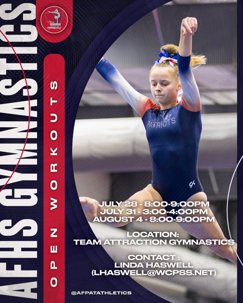 AFPatAthletics's tweet image. Don't forget to join open workouts for Gymnastics π€ΈββοΈ starting next week. Make sure you are cleared on DragonFly. Contact Coach Haswell with any questions. #PatFam #RepAFHS