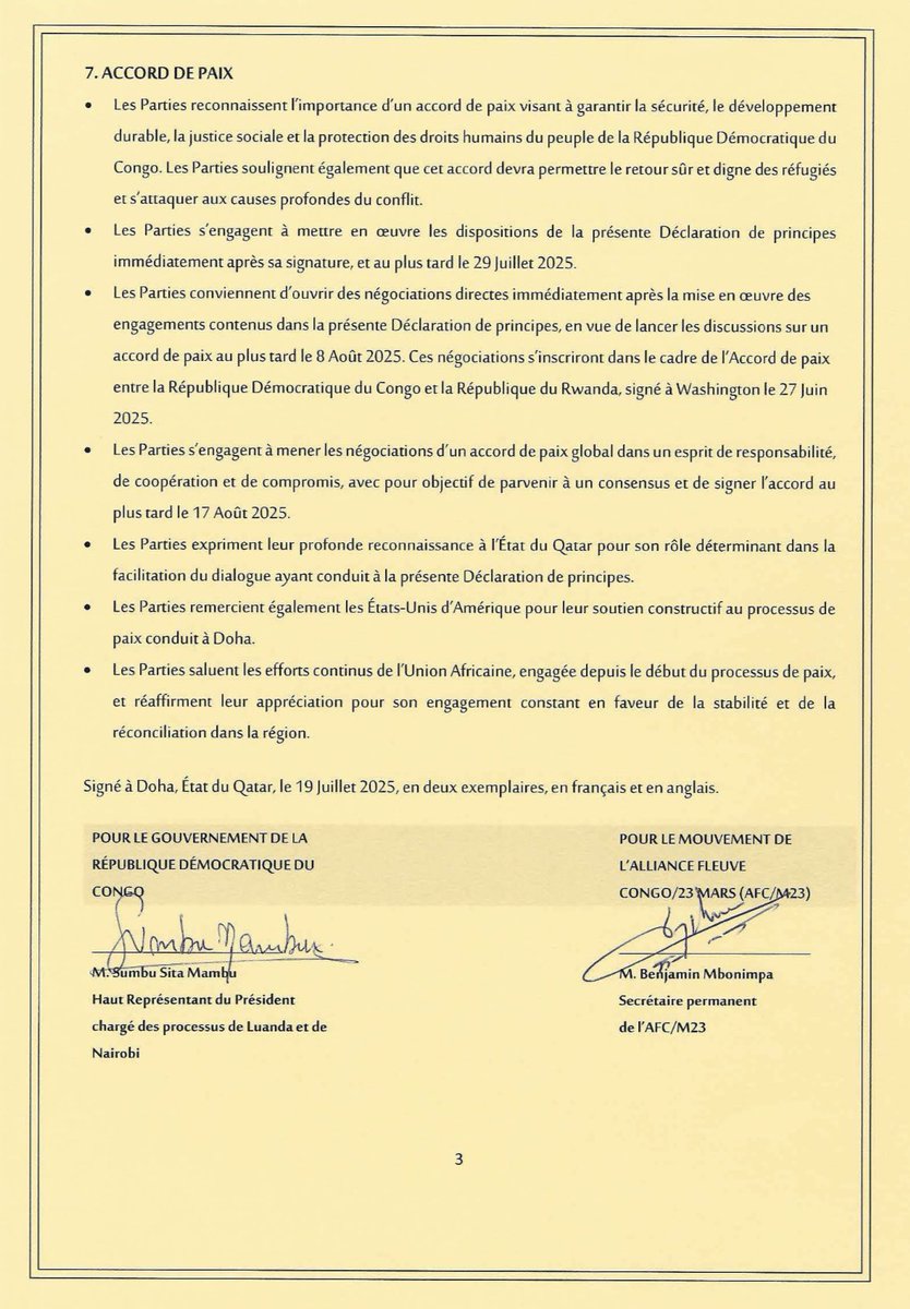 afrikarabia's tweet image. #RDC #AFC #M23 Rappel du calendrier issu de la #Déclaration de #principes signée à #Doha : 
🗓️ Mise en oeuvre des dispositions avant le 29 juillet
🗓️ Lancement des discussions sur un accord de paix avant le 8 août
🗓️ Signature d'un accord de paix global avant le 17 août.