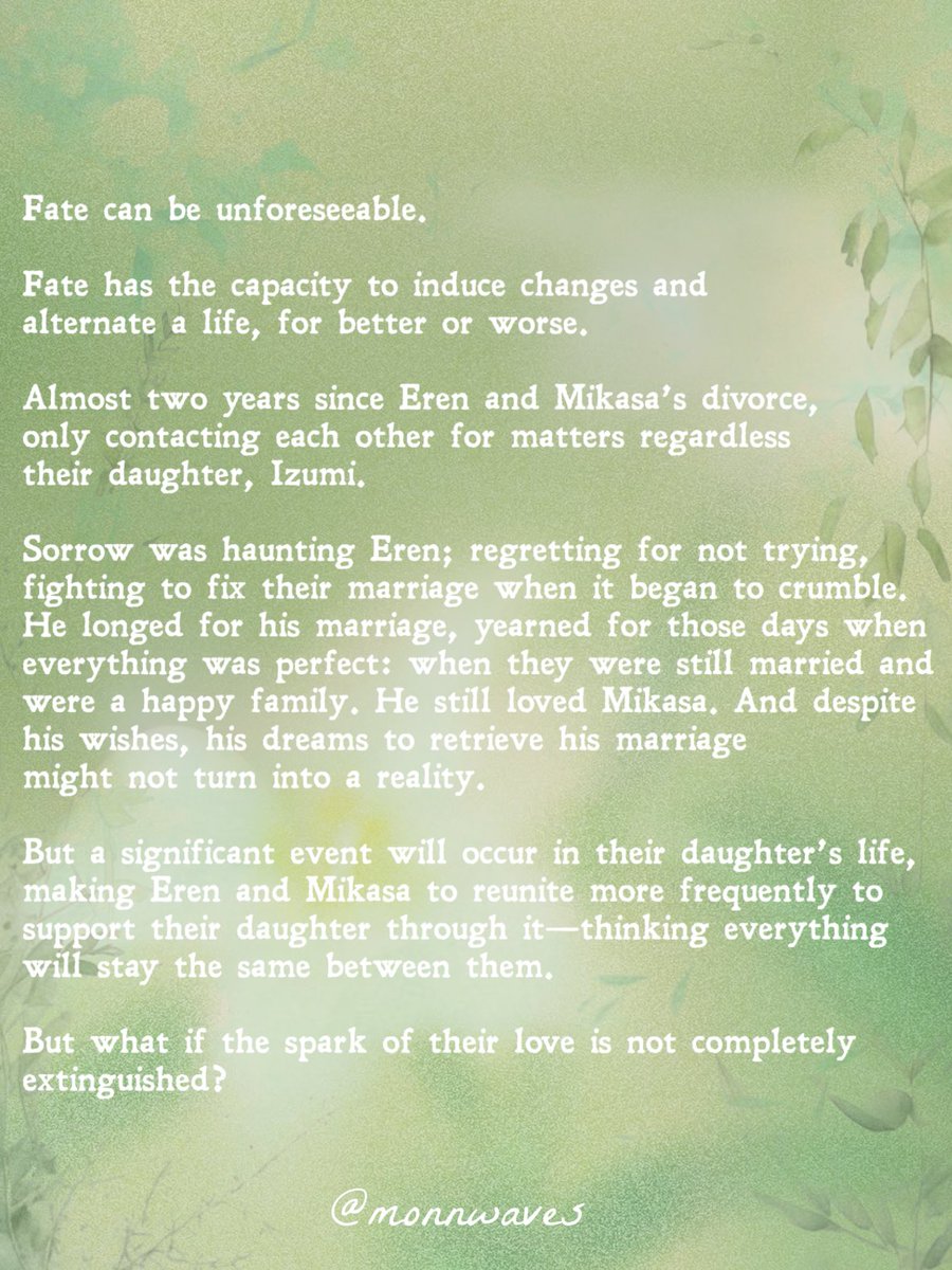 monnwaves's tweet image. 𝐇𝐨𝐩𝐞𝐥𝐞𝐬𝐬𝐥𝐲 𝐃𝐞𝐯𝐨𝐭𝐞𝐝 𝐓𝐨 𝐘𝐨𝐮
Chapter 1: Once (Still) In Love

❀ Rated M, 22k words
❀ Eremika divorced AU
❀Link: archiveofourown.org/works/68066011…

 #eremika #エレミカ
