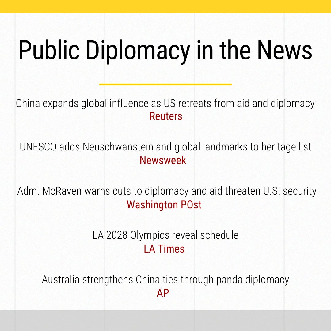 Our latest "Public Diplomacy in the News" roundup features China's expanding global influence, new <a href="/UNESCO/">UNESCO 🏛️ #Education #Sciences #Culture 🇺🇳</a> World Heritage Sites, the <a href="/LA28/">LA28</a> Olympics schedule, &amp; more! 

🔗: uscpublicdiplomacy.org/blog/public-di…