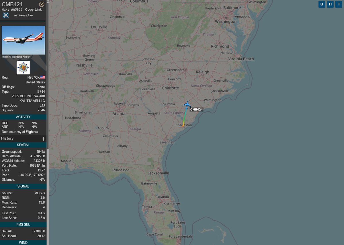 PolishMilRadar's tweet image. 📅24.07⌚️22:34LT
Z Joint Base Charleston #KCHS 🇺🇸 do Lublina #EPLB 🇵🇱 wystartował niedawno ✈️ #CMB424 Boeing 747-481F "N767CK" Kalitta Air 🇺🇸, realizujący lot na zlecenie Armii USA 🇺🇸.
🔗globe.airplanes.live/?icao=aa5bc5
#POLMILRADAR