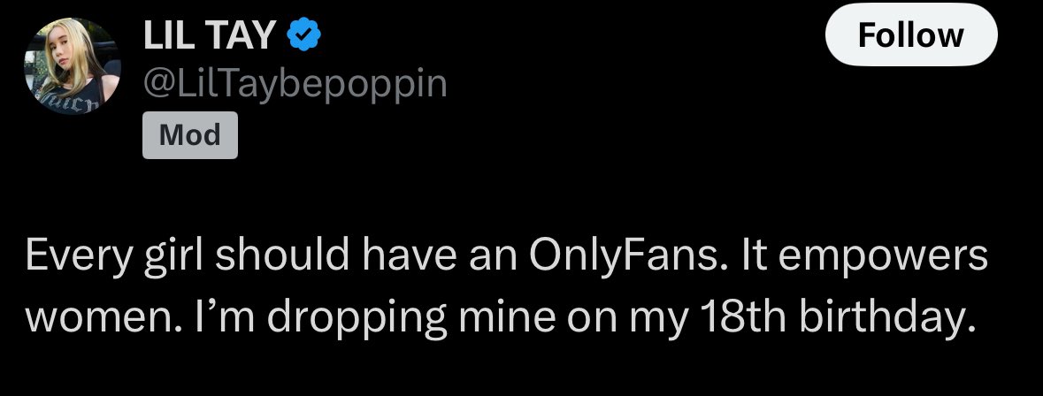 clipalottt's tweet image. Underage Female Rapper “Lil Tay” reveals that she is dropping an OF on her 18th birthday 😳
She also says how every woman should have an OF, as it empowers them 😭