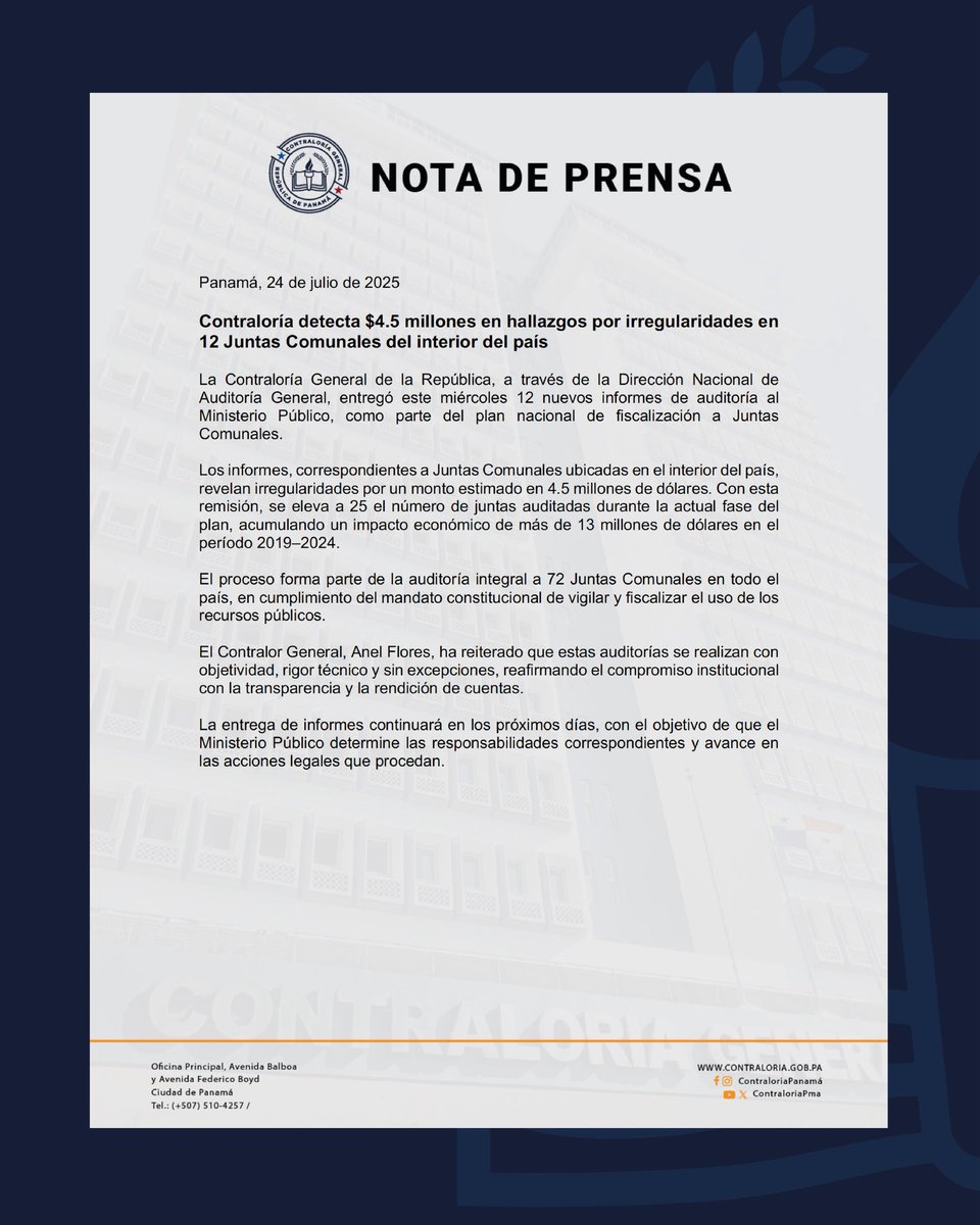 Contraloría detecta $4.5 millones en hallazgos por irregularidades en 12 Juntas Comunales del interior del país. 

#ContraloríaPanamá #CGRPanamá #TrabajandoConIntegridad