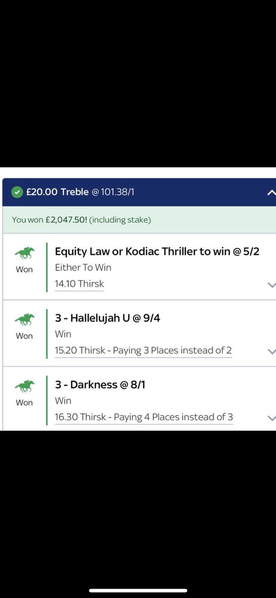 EvhTips's tweet image. 💥 £20 TREBLE → £2,047.50 RETURNED 💥
(101/1)
📍 Thirsk Treble – Why I Backed It 👇
✅ Equity Law OR Kodiac Thriller – Class drop + both well-treated. Either to win = smart value angle.
✅ Hallelujah U – Yard flying, proven form, extra places paid = confidence.
✅ Darkness –…