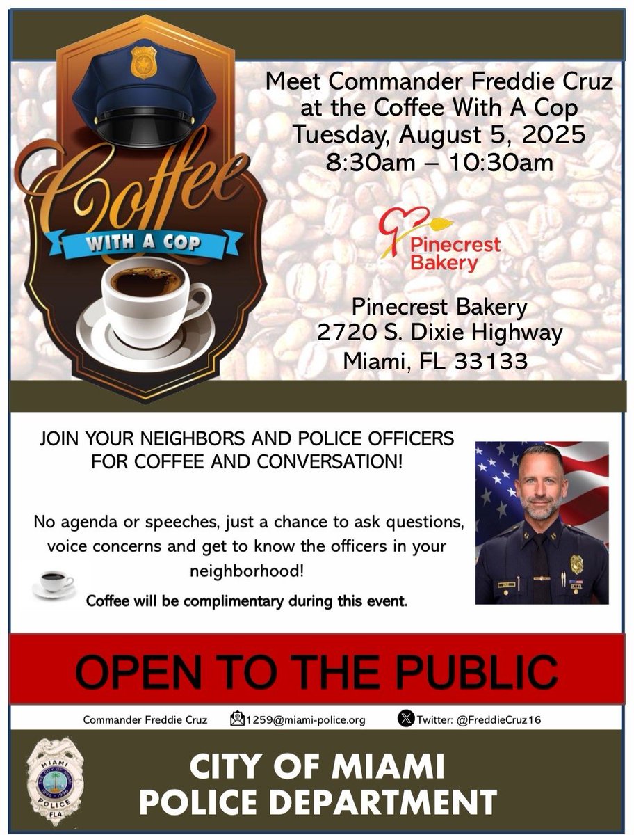 MiamiPD's tweet image. Coffee & Conversation in the Grove.
Join us for a morning of connection with the officers that protect and serve in your neighborhood. This is a great opportunity to ask questions, share concerns, and build stronger community ties , all over a complimentary cup of coffee.