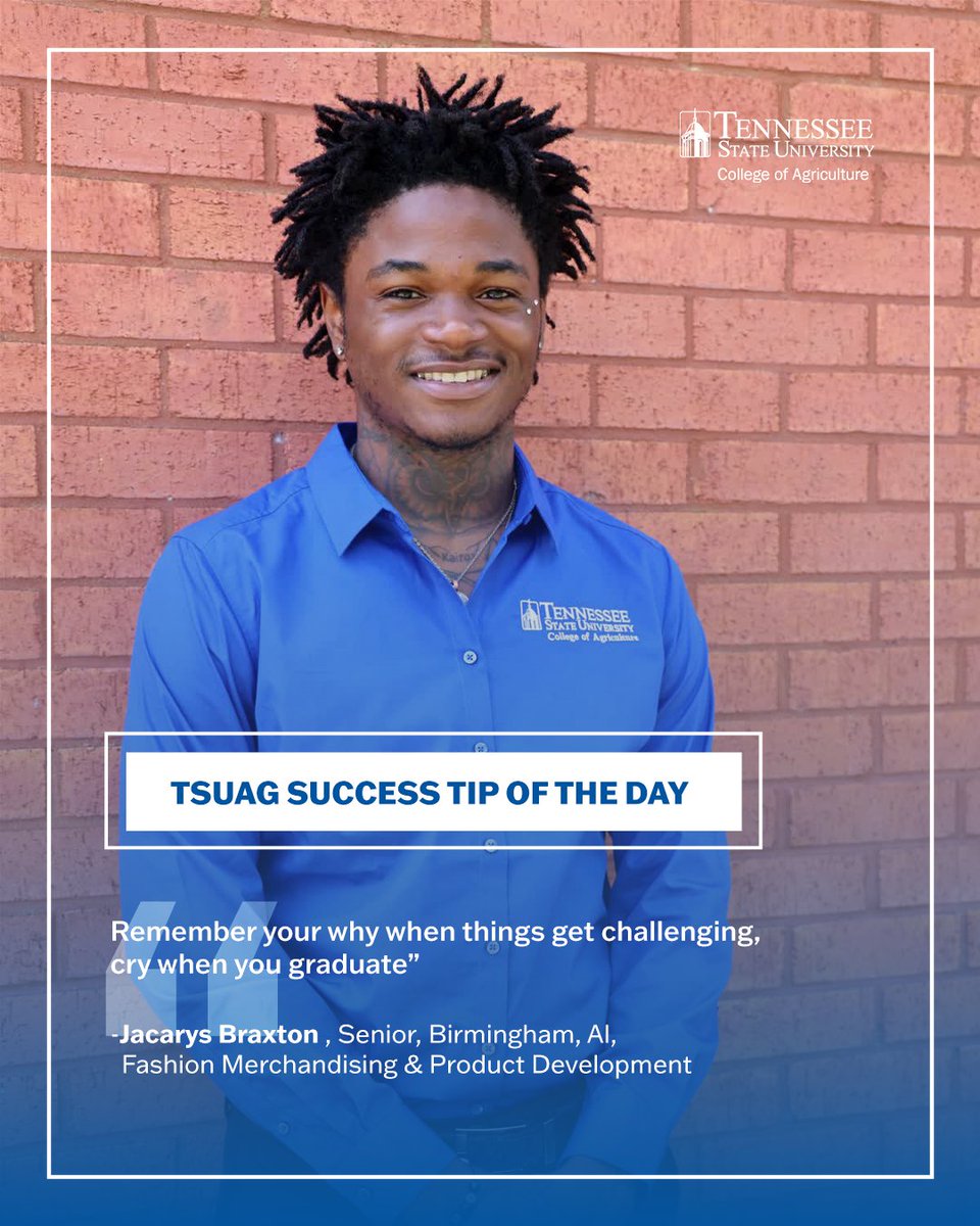 TSUCollegeofAG's tweet image. Incoming Tigers, take notes! Jacarys Braxton is kicking off our student-led success series with advice to help you thrive this semester.
Stay tuned as our current students share the real tips that helped them grow & lead in the College of Ag! 🐯💼
•
•
#TSUAg #GrowAndLead