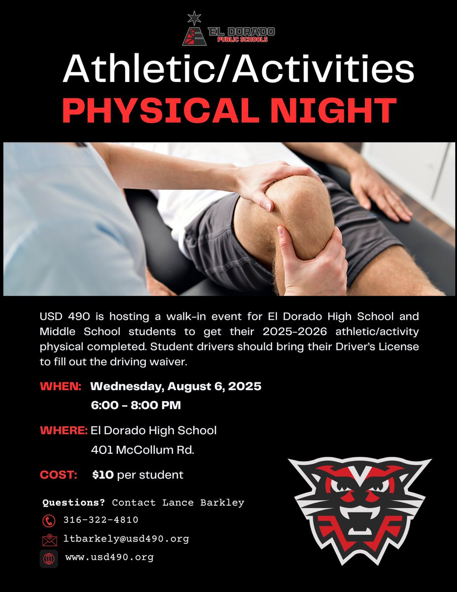 El Dorado USD 490 (@eldoradousd490) on Twitter photo Join us for Physical Night at EHS on 8/6/25 from 6-8 PM. Cost is $10 per student. #PartOfThePride psqr.io/xg-bUanlLw via <a href="/ParentSquare/">ParentSquare</a> Join us for Physical Night at EHS on 8/6/25 from 6-8 PM. Cost is $10 per student. #PartOfThePride psqr.io/xg-bUanlLw via <a href="/ParentSquare/">ParentSquare</a>