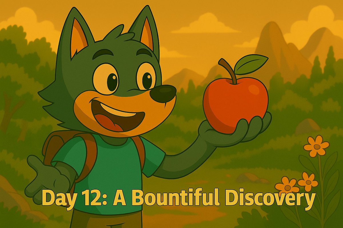 folavisuals's tweet image. Day 12 Lore: A Bountiful Discovery
The morning sun cast a golden hue across the hills as Kael stepped into the lush grove. Day 12 had begun, but something felt different. Clutched in his paw wasn’t just any fruit it was a Crimson Ember Apple, once thought extinct in the valleys…
