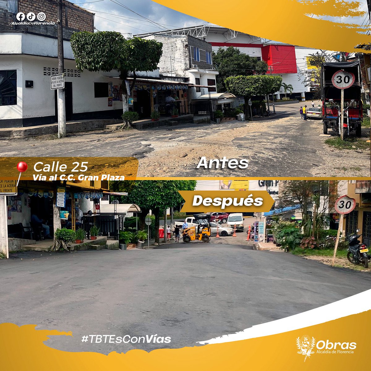 #TBT Recordamos la intervención en la calle 25, vía de acceso al Centro Comercial Gran Plaza.
Obra que mejoró significativamente la movilidad en un punto estratégico de Florencia.

<a href="/MinTransporteCo/">MinTransporte</a> <a href="/infopresidencia/">Presidencia Colombia 🇨🇴</a> <a href="/petrogustavo/">Gustavo Petro</a>