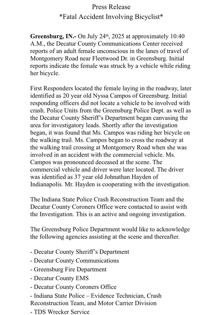 On July 24th, 2025 at approximately 10:40 A.M., the Decatur County Communications Center received reports of an adult female unconscious in the lanes of travel of Montgomery Road near Fleetwood Drive.