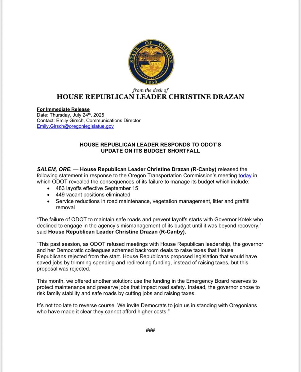 OregonHouseGOP's tweet image. “The failure of ODOT to maintain safe roads and prevent layoffs starts with Governor Kotek who declined to engage in the agency’s mismanagement of its budget until it was beyond recovery” - House Republican Leader @ChristineDrazan