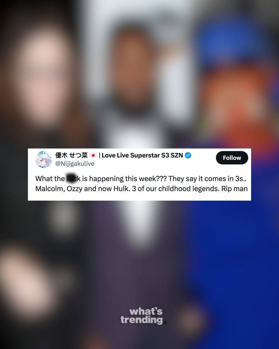 WhatsTrending's tweet image. The internet is buzzing with conspiracy theories after the deaths of Hulk Hogan, Ozzy Osbourne, and Malcolm-Jamal Warner all occurred in the same week.
Social media users are reviving the long-standing belief that celebrity deaths happen in threes.