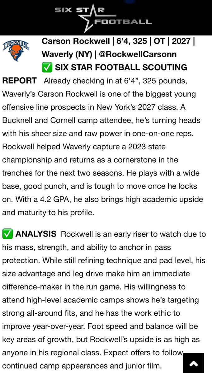 Carson Rockwell (@rockwellcarsonn) on Twitter photo Thank you <a href="/sixstarfootball/">Six Star Football | PLUS+</a> for the recognition as a rising OL prospect from the Bucknell Prospect camp Thank you <a href="/sixstarfootball/">Six Star Football | PLUS+</a> for the recognition as a rising OL prospect from the Bucknell Prospect camp