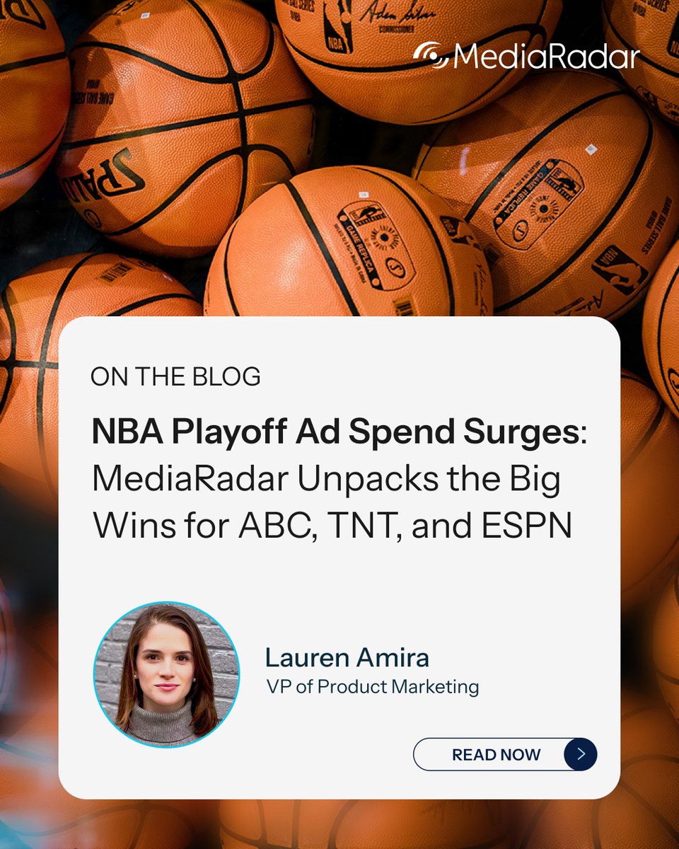 MediaRadar (@mediaradar) on Twitter photo When the <a href="/NBA/">NBA</a> Playoffs heat up, so does ad spend. 🔥🏀 
<a href="/MediaRadar/">MediaRadar</a>'s Lauren Amira explores how <a href="/ABC/">ABC News</a>, @TNTDrama, and @ESPN are cashing in during the big games: bit.ly/3IHXe1r
#MediaRadar #MarketingIntelligence #NBA #Advertising #SportsMarketing #AdTech When the <a href="/NBA/">NBA</a> Playoffs heat up, so does ad spend. 🔥🏀 
<a href="/MediaRadar/">MediaRadar</a>'s Lauren Amira explores how <a href="/ABC/">ABC News</a>, @TNTDrama, and @ESPN are cashing in during the big games: bit.ly/3IHXe1r
#MediaRadar #MarketingIntelligence #NBA #Advertising #SportsMarketing #AdTech