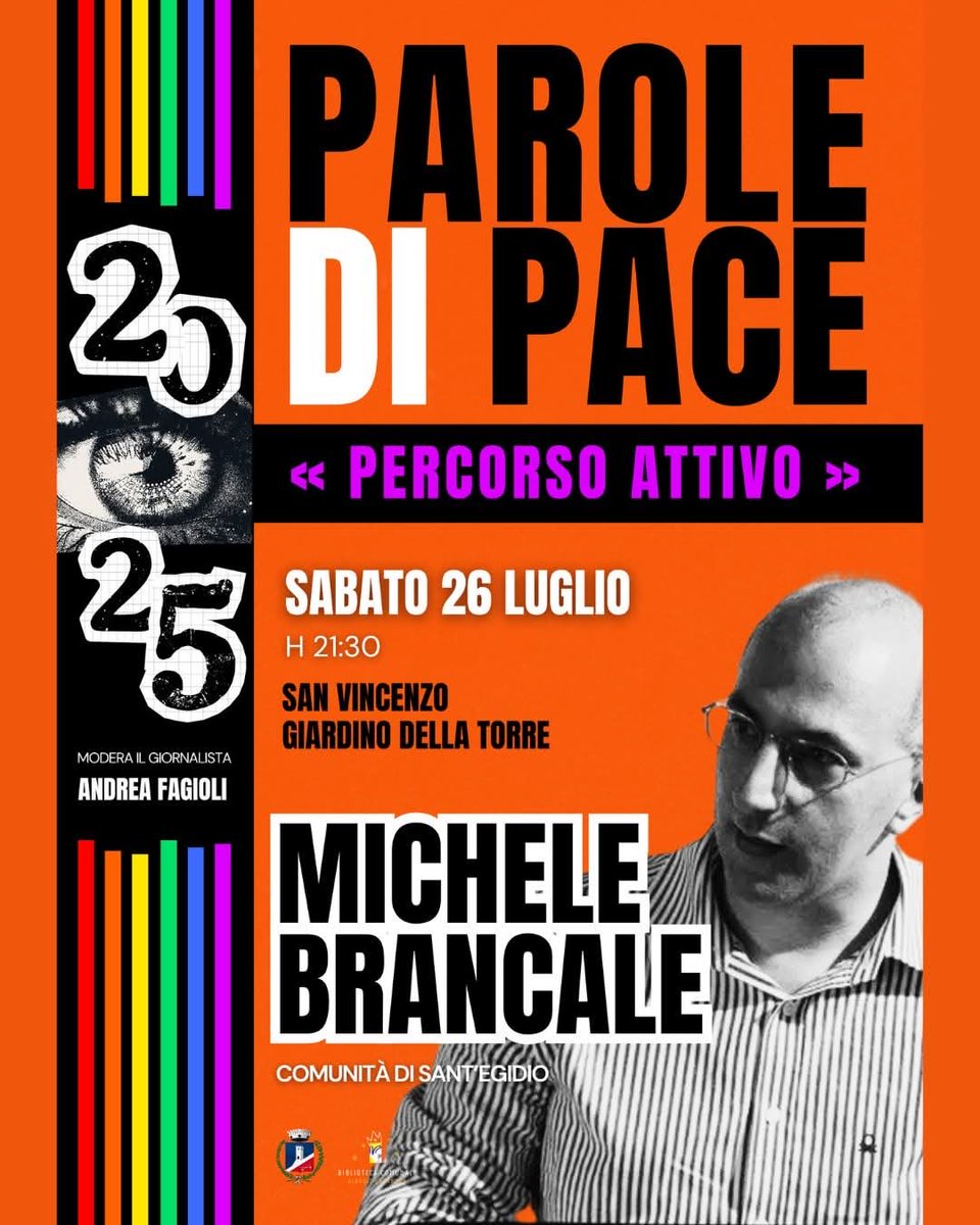 Quinto e ultimo appuntamento con «Parole di pace» per chi è a San Vincenzo (Livorno) e dintorni. L’incontro questa volta non è di venerdì, bensì di sabato (sabato 26 luglio), sempre al Giardino della Torre alle 21,30. Ospite: Michele Brancale, della Comunità di Sant’Egidio.