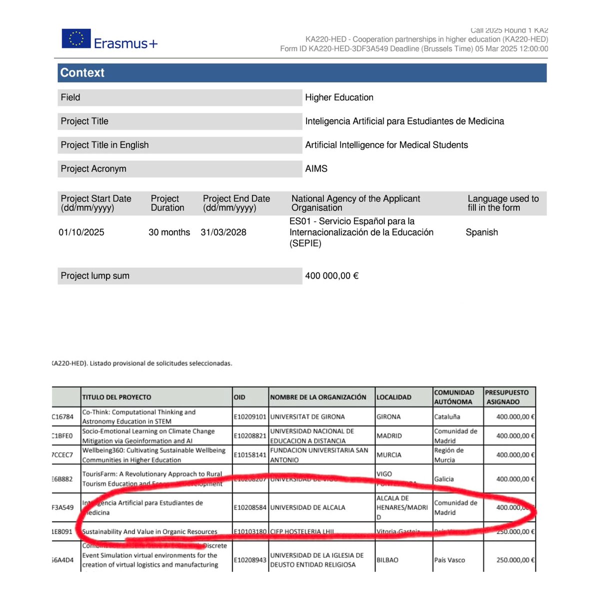 📢 Our Project Has Been Approved!

We are truly happy and proud to share that our Erasmus+ project titled
“Artificial Intelligence for Medical Students (AIMS)” has been officially approved by the Spanish National Agency (SEPIE)!

Coordinated by the University of Alcalá in Madrid,