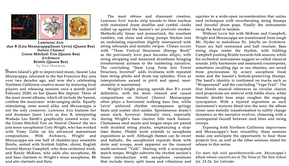 NYC Jazz Record (@nycjazzrecord) on Twitter photo Check out the TNYCJR threefer album review of bassist Lisa Mezzacappa (from her Queen Bee imprint) and check out her residency through 7/26 at The Stone <a href="/TheNewSchool/">The New School</a>. Tonight: duo B followed by Bristle! Check out the TNYCJR threefer album review of bassist Lisa Mezzacappa (from her Queen Bee imprint) and check out her residency through 7/26 at The Stone <a href="/TheNewSchool/">The New School</a>. Tonight: duo B followed by Bristle!
