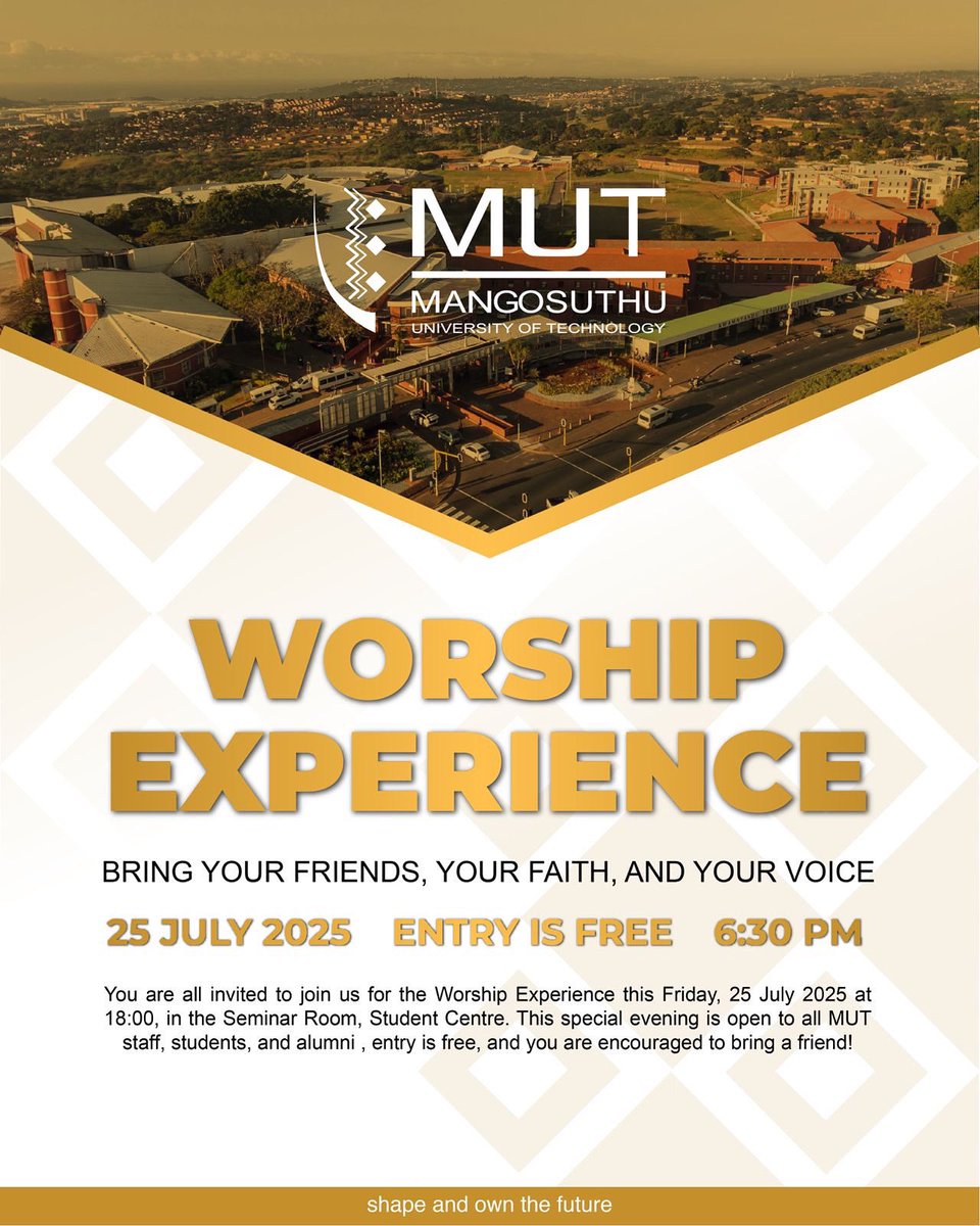 MUTCampus's tweet photo. ✨ Worship Experience this Friday!
📅 25 July | 🕡 6:30 PM
📍 Seminar Room, Student Centre
🎤 Bring your faith, your voice &amp; a friend.
🎟️ Free entry, All are welcome!

#MUTWorship #CampusVibes #ShapeTheFuture https://t.co/4TmV43WgD6