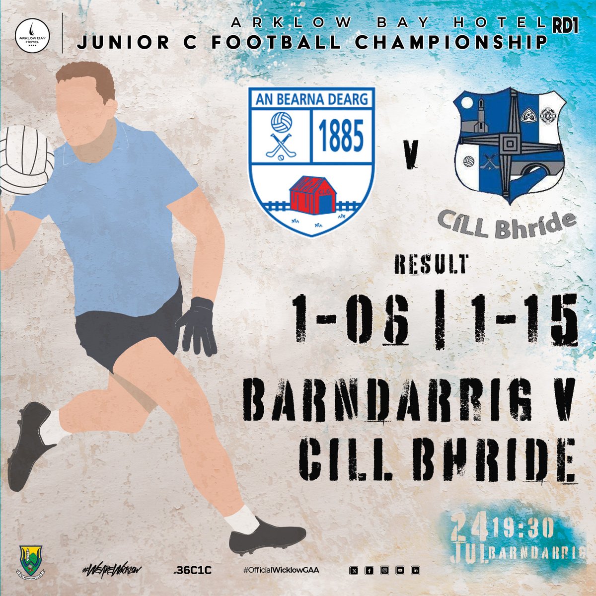 wicklowgaa's tweet image. Arklow Bay Hotel Junior C Football Championship Round 1
Result
Barndarrig 1-06
Cill Bhride 1-15
#officialwicklowgaa #WicklowGAA #wearewicklow #36C1C #arklowbayhotel