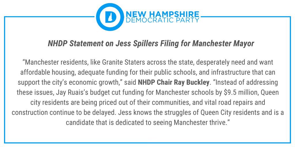 NHDems's tweet image. .@Chairmanbuckley statement on Jess Spillers filing for Manchester Mayor #NHPolitics